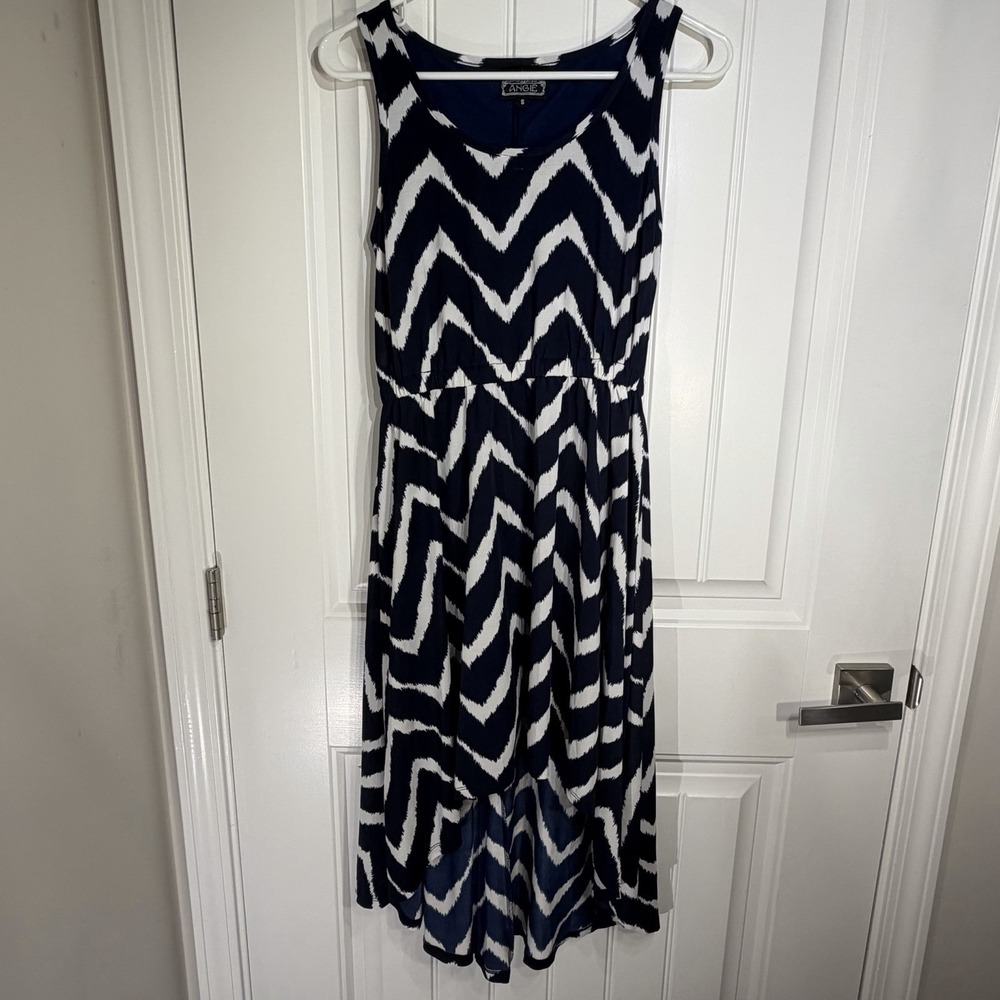 Angie Navy Blue White Chevron Sleeveless High Low Midi Dress Size Small